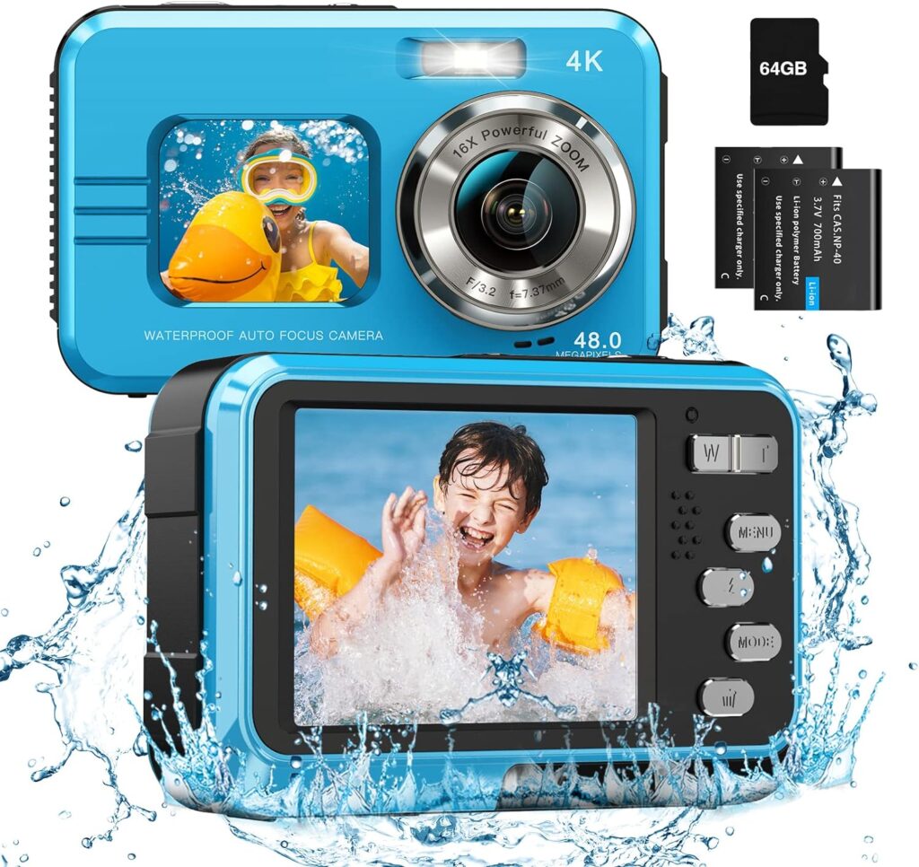 Best Underwater Camera For Kids - 4K Waterproof Camera Underwater Camera 64GB Card Included in the Adapter Dual Screens Selfie 48MP 16X Digital Zoom Digital Camera Fill Light 11FT Underwater Camera for Snorkeling Kids with 2 Batteries