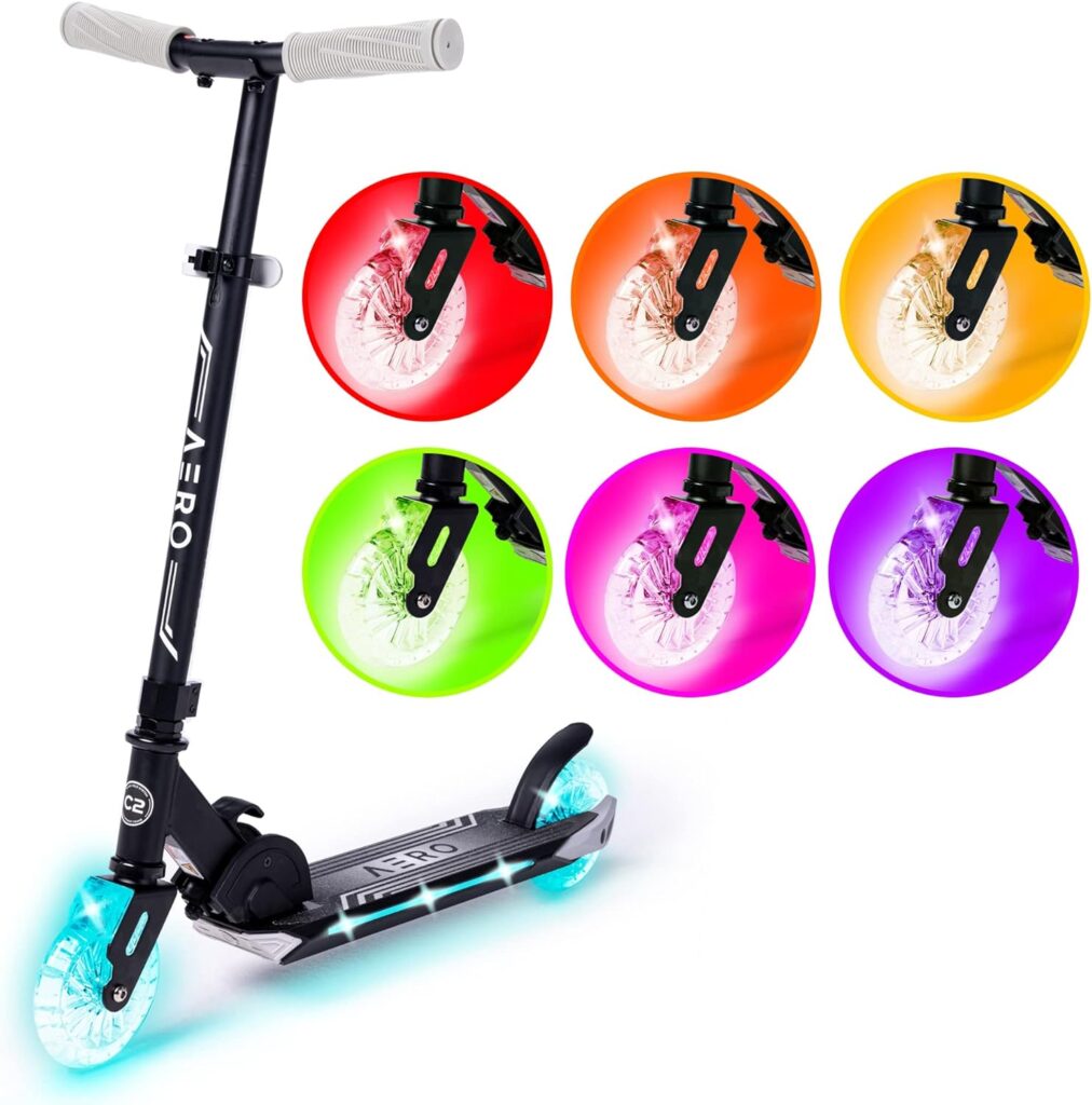Aero Kick Scooter for Kids Ages 6-12 with Dynamic RGB Lights, Foldable and Height Adjustable, 2 Wheel Scooters for Kids 6 Years and up with Glowing Deck and Light up Clear Wheels