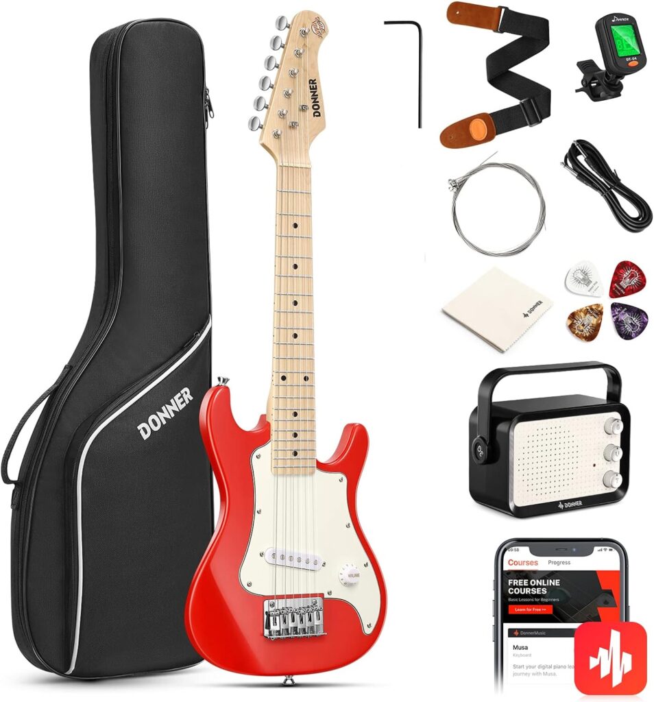 Donner 30 Inch Kids Electric Guitar Beginner Kits ST Style Mini Electric Guitar for Boys Girls with Amp, 600D Bag, Tuner, Picks, Cable, Strap, Extra Strings, DSJ-100, Red