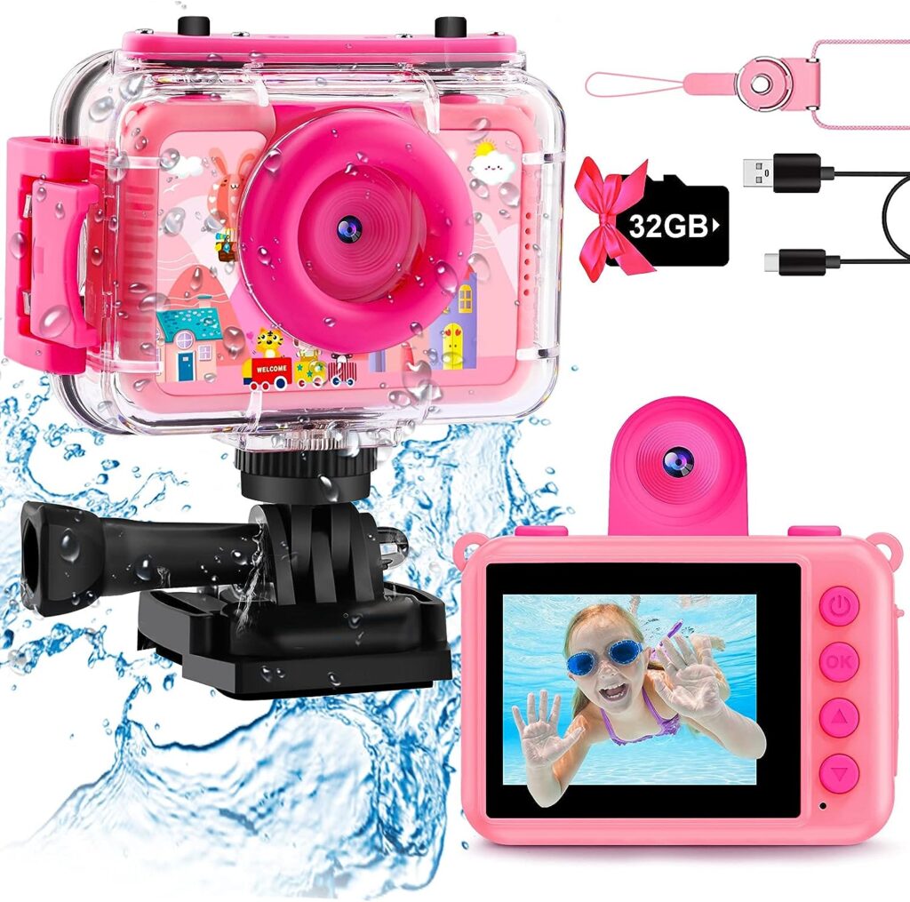 Best Underwater Camera For Kids - GKTZ Kids Waterproof Camera - 180 Rotatable 1080P HD Children Digital Action Camera Underwater Camera with 32GB SD Card, Birthday Gift Toys for Girls Age 3-14