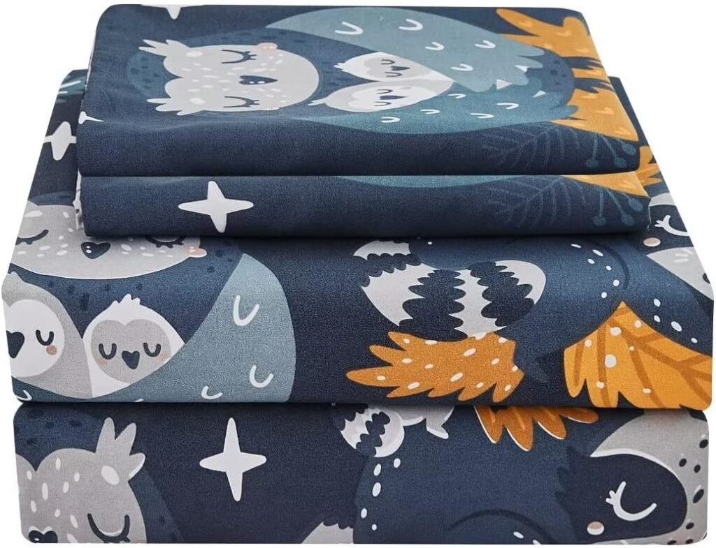 JSD Animal Kids Sheet Set Twin, Cute Owl Sheets for Boys Girls Toddler, Navy Blue Printed Microfiber Bedding Set