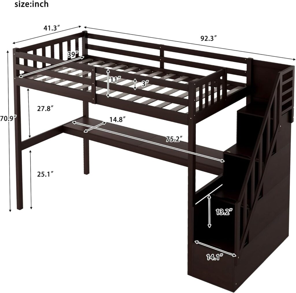 KoiHome Twin Size Loft Bed with Built-in Desk and Storage Functional Staircase, Modern Bunk Bed with Full-Length Guardrail  Solid Slat Support for Kids,Teens, No Box Spring Needed, Espresso