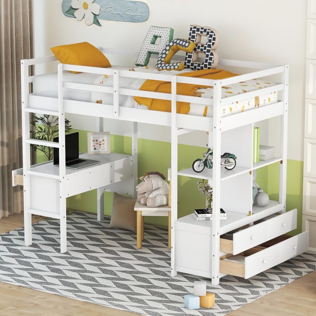 KoiHome Twin Size Loft Bed with Storage Shelves and Drawers, and Built-in Desk with Two Drawers, Wood Bunk Beds with Full-Length Guardrail and Slats for Bedroom,Dorm,Kids,Teens, Space-Saving, White