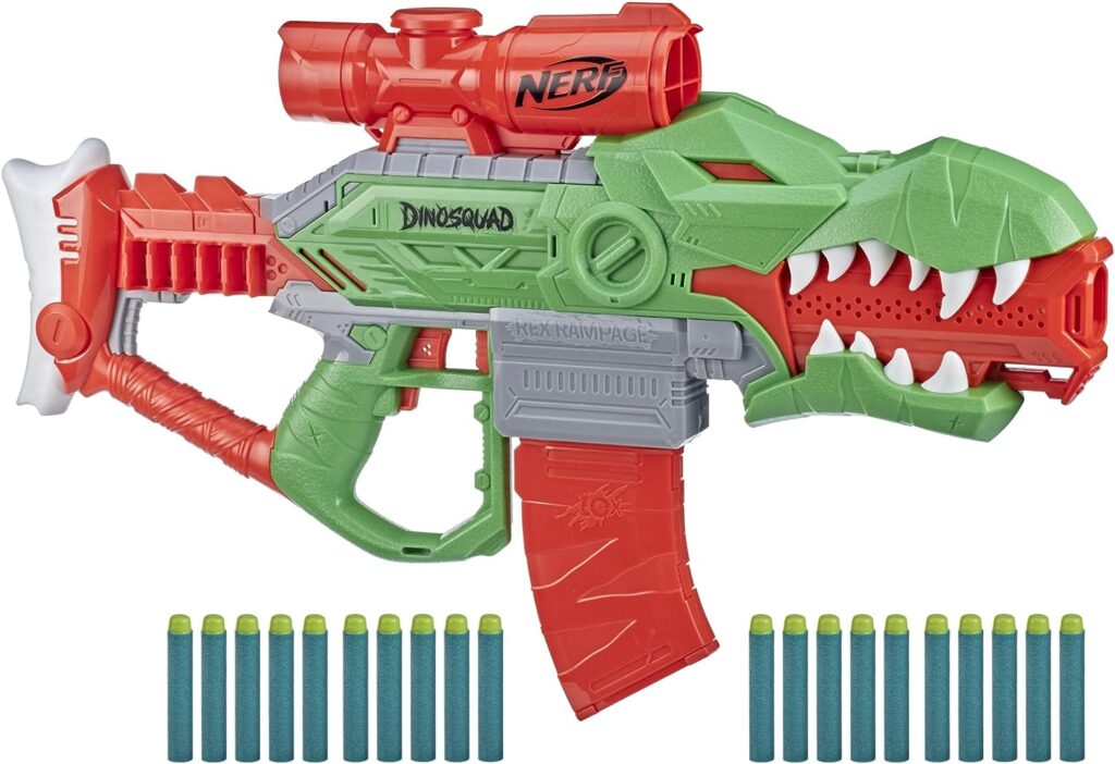 Best Nerf Guns for Kids - NERF DinoSquad Rex-Rampage Motorized Dart Blaster, 10-Dart Clip, 20 Official Darts, 10-Dart Storage- T-Rex Dinosaur Design