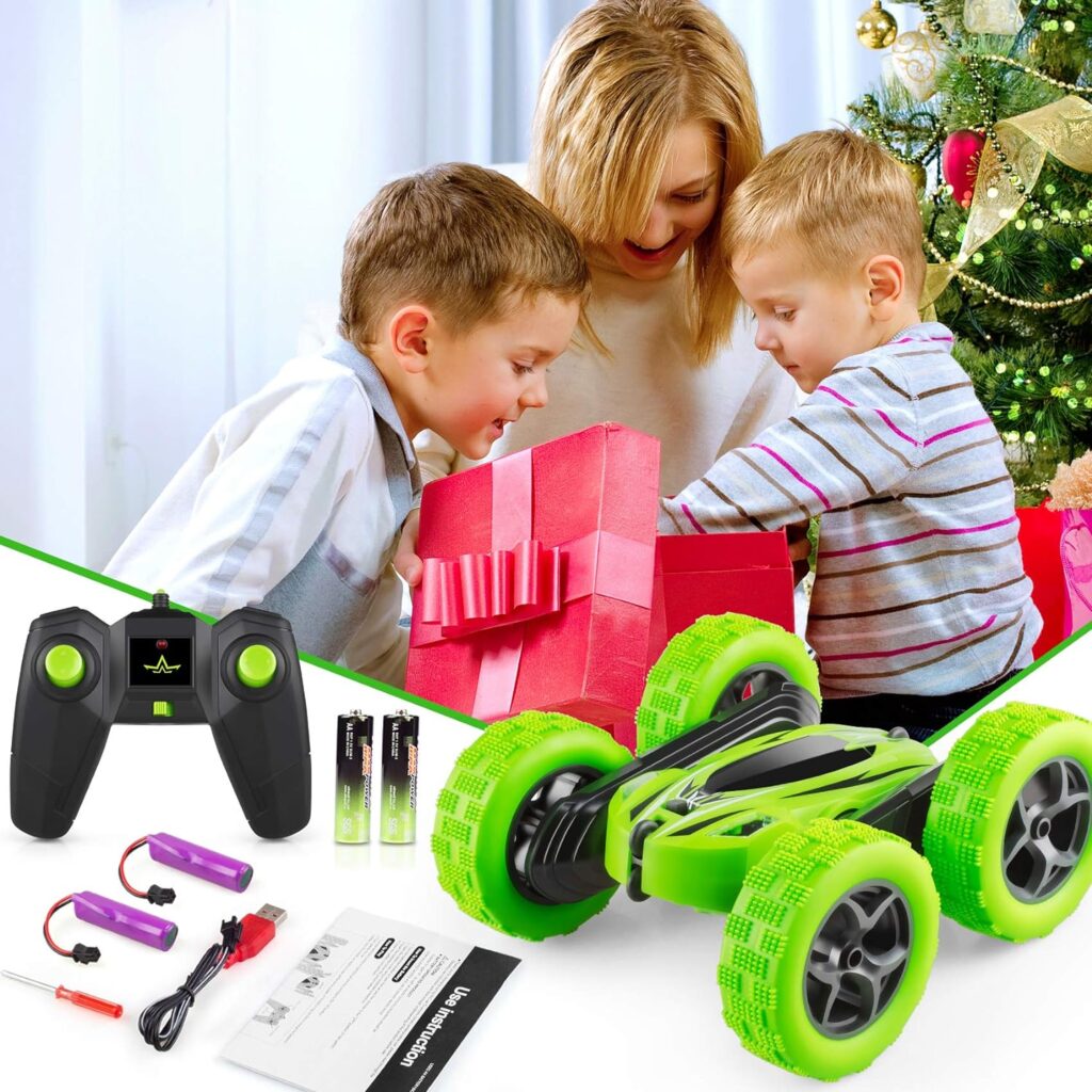 ORRENTE Remote Control Car, RC Cars Stunt Car Toy, 4WD 2.4Ghz Double Sided 360° Rotating RC Car with Headlights, Kids Xmas Toy Cars for Boys/Girls (Green)