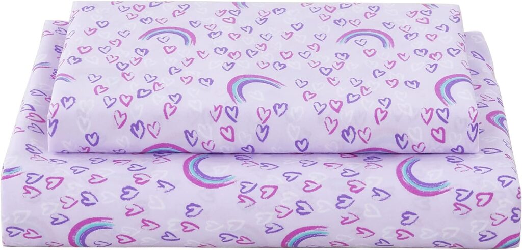 Softan Bed Sheet Set for Kids Girls, Twin Size Kids Sheets Microfiber Kids Fitted Sheet, Breathable  Silky Soft Feeling Kids Sheet Set 3 PCs Purple Love Heart Rainbow Kids Twin Bed Sheet