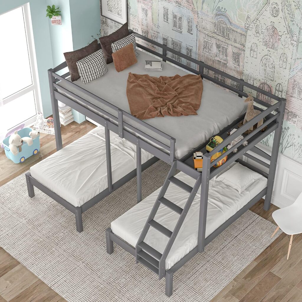 TARTOP Full Over Twin Bunk Bed with Small Drawers  Ladder for Kids/Adults Bedroom,3 in 1 Triple Bunkbed,Solid Pinewood Bedframe w/Safety Guardrals,Space Saving Design  No Box Spring Needed, Gray