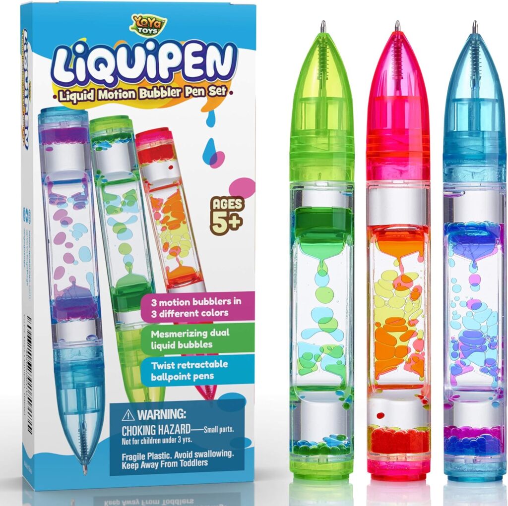 YoYa Liquipen - Liquid Motion Bubbler Pens Sensory Toy (3 Pack) - Writes Like a Regular Pen - Colorful Timer Pens Great for Stress and Anxiety Relief - Cool Fidget Toys for Kids and Adults