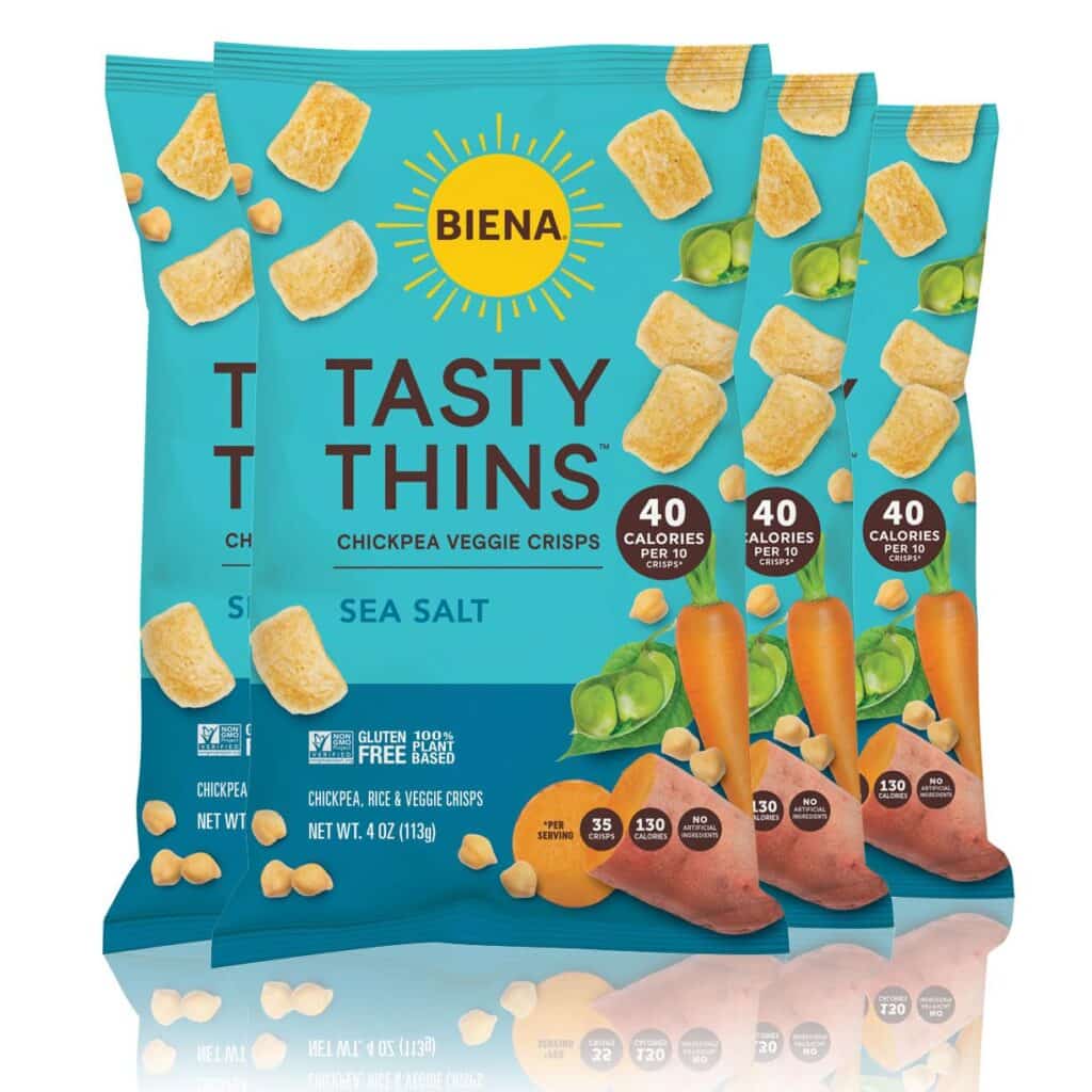 BIENA Tasty Thins Chickpea Veggie Chips – Sea Salt, 4-Pack, 4 oz Bags – Chickpeas  Veggies, Vegan, Gluten Free, Dairy-Free, Non-GMO, Allergy-Friendly, Low Calorie  Healthy Snacks for Adults and Kids